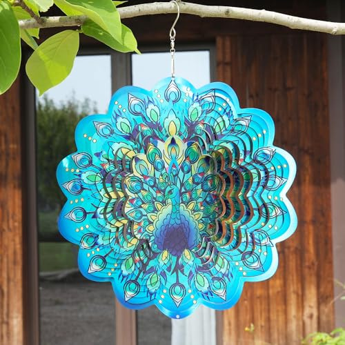 Gochoi Pfauen-Windspiel zum Aufhängen im Freien, Pfauen-Geschenke für Frauen, Mutter, Oma, Ehefrau, 27,9 cm großes Windspiel aus Edelstahl, Garten- und Hofdekoration, Ornamente,Green Peacock