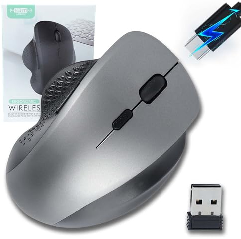 Kabellose Maus, Dual-Modus (2,4 GHz+BT), ergonomische vertikale Maus, leise wiederaufladbare tragbare Computermaus, optische kabellose Mäuse für Laptops/PC/MacBook, 6 Tasten,800–1200–1600 DPI(grau)