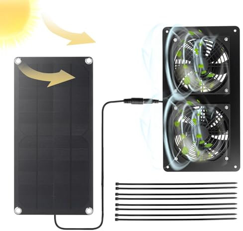 Genérico Tragbarer Ventilator mit Solarenergie, Solarventilator für Hühnerstall, Dachbodenventilator mit Solarenergie, 10 W und 12 V, Abluftventilator mit Thermostat für Dachboden mit Sonnendach