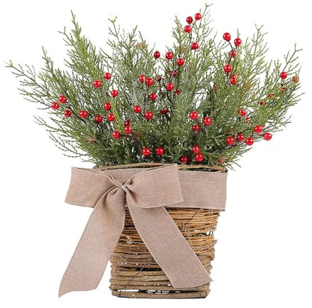Christmas Door Hanging Basket Wreath, Christmas Wooden Door Wreath with Bow, Artificial Pine Red Berry Wreaths for Xmas Party Home Decor