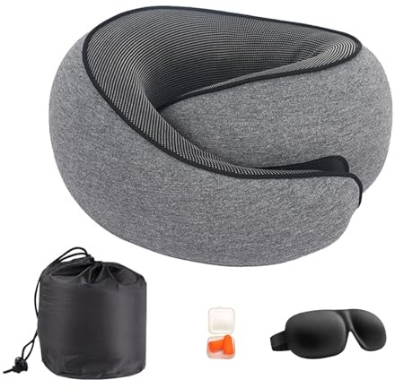 Mayeujds Coussin de nuque en mousse à mémoire de forme d'avion - Coussin de voyage à 360° avec masque pour les yeux 3D et bouchons d'oreilles - Ergonomique et compressible - Pour voyage, voiture et