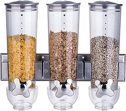 QQNQQ cereal dispenser,Barrel Grain Dispensers Wall Mounted Cereal Dispenser Three Barrels With Transparent Scale Rotary Switch Stainless Steel Top Cover for Cereal Dry Food