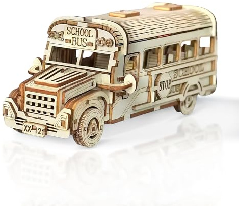 Cuteefun Träbyggnadsmodellbyggnad skolbuss, vuxen träkonstruktion, gör-det-själv 3D-träpussel, presentidé för pojkar flickor män och kvinnor