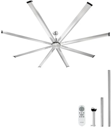 VEVOR Ventilatore da Soffitto da 244 cm Senza Luce, Telecomando a 6 Velocità, 8 Pale in Alluminio, Motore DC Reversibile, Moderno Ventilatore a Filo per Soggiorno, Patio, Nichel Spazzolato