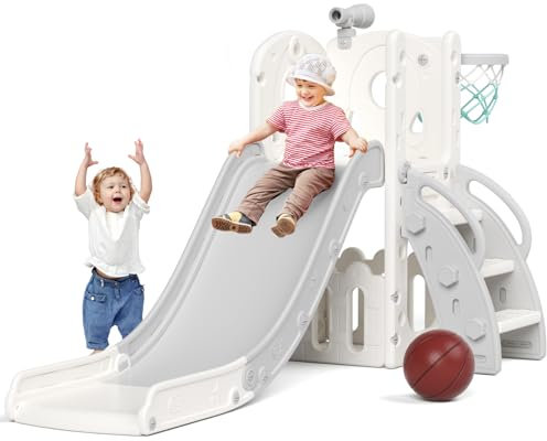 XJD Kinder Rutsche für 1-3 Jahre Outdoor & Indoor,Babyrutsche 5 in 1 mit Basketballkorb,Freistehende Rutsche,Stauraum,Kletterleiter und Spielteleskope, Kleinkind Spielplatz Gartenrutsche(Weißgrau)