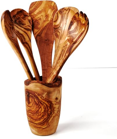 DAS OLIVENHOLZBRETT®Besteckhalter/Köcher 16cm rustic+5er Set Zubehör 30cm | Pfannenwender/ Kochlöffel, Löffel mit Ecke + Salatbesteck Olivenholz/ Küchenutensilien Holz / Kochlöffel Set 30cm
