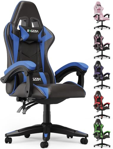 Bigzzia Gaming Stuhl Gaming Sessel, 90-135° Rückenlehne, Gaming Chair Blau | Gaming Sessel mit Lendenkissen und Kopfstütze, höhenverstellbar, PC Stuhl für Erwachsene, Mädchen und Jungen, aus PU-Leder