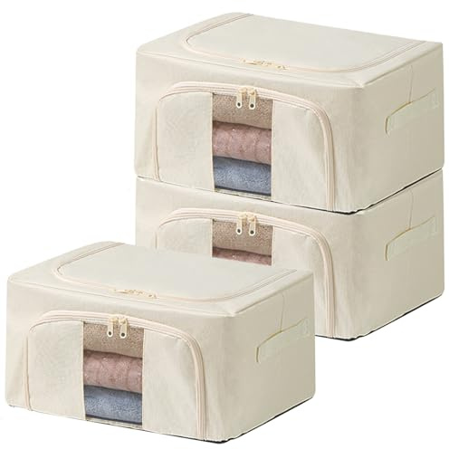 Goesort 3 Pack Clothes Storage Boxes with Steel Frame Support, 22L Moving Bag Wardrobe Storage Organiser Packing Boxes for Moving House with Clear Windows for Towel Duvet Sweater Bedding, Beige