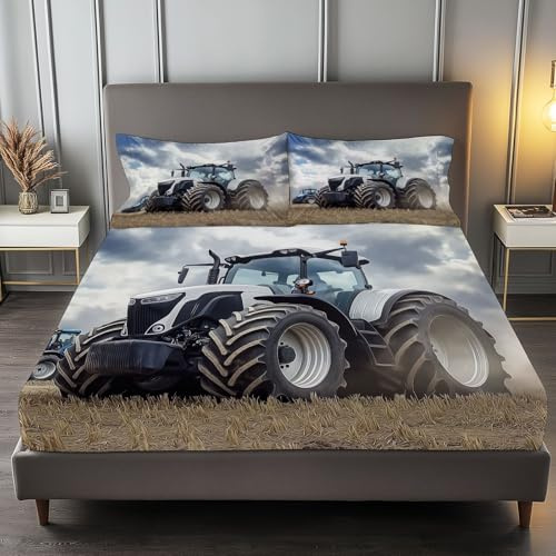 Set Lenzuola matrimoniale 3 Pezzi 160x190x30 cm e 2 Federe 50x80 cm - Fattoria Campo Trattore Completo Letto in Morbida Microfibra per bambini adulti, Blu