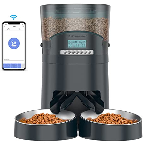 HoneyGuaridan Mangiatoia automatica per gatti 2 ciotole, 2.4G WiFi, distributore automatico intelligente per gatti e cani, 1-6 pasti al giorno (4,5L)
