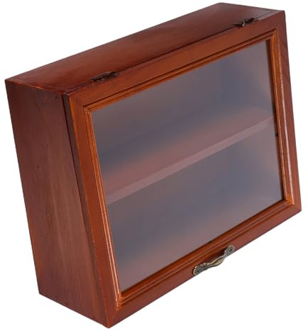 Schreibtisch Organizer Schrank mit Acrylklappe Braun Klein | Vintage Vitrine, Ausstellungsständer, Organizer für Sammlungen
