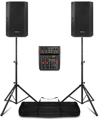 Vonyx VSA08BT Compact PA System with Active Speaker Pair, VM-KG06 6-Channel Mixer, Bluetooth, DSP & Adjustable Speaker Stands – Portable 500W Vocalist PA Kit for Live Events, DJs & Performances