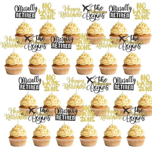 24Pcs Officially Retired Cupcake Toppers - No Work Zone Adventure Begins Cake Decorations for Retirement Theme Parties