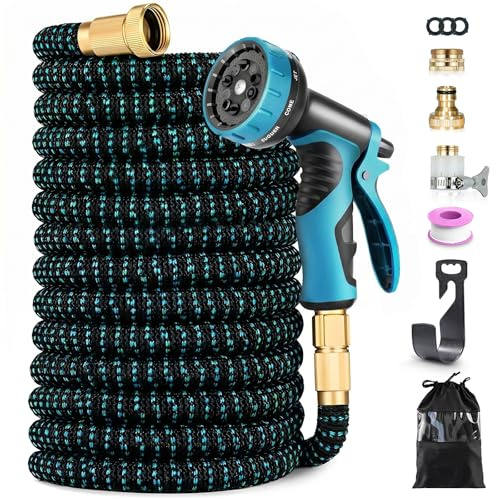 Mangueras de Jardín 15M Extensibles, 4 Capas de Látex Resistente a Fugas, Conector de Latón, Pistola de Riego con 10 Modos para Patio y Césped