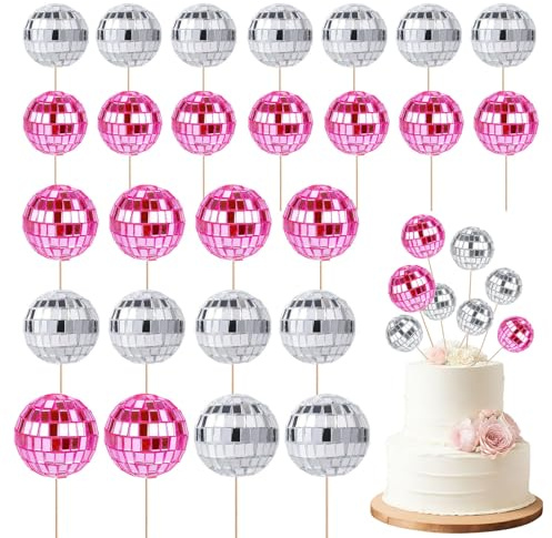 Disco Ball Cake Decorations, 26PCS Disco Ball Cake Toppers(Pink+Silver) | 1970s Disco Themed Cake Toppers, Cupcake Toppers Mini Discos Balls for Birthday Discos Theme 70s Party Supplies