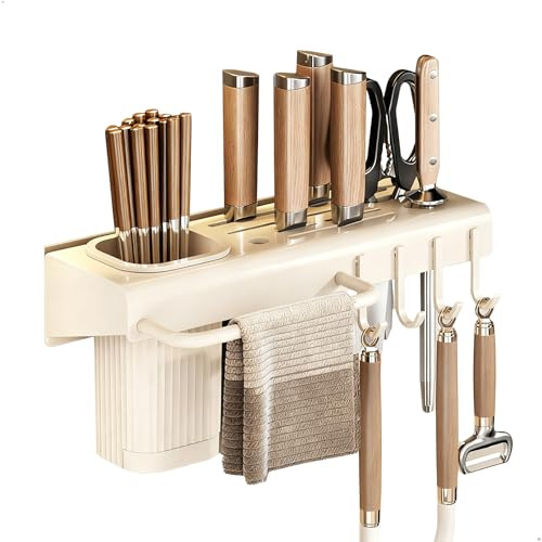 Porta Coltelli Cucin,Ceppo Coltelli da Cucina Multifunzionale con Porta Bacchette e 4 Ganci,Portacoltelli Resistente All'Acqua Alla Ruggine,Contenitore per Posate,Forbici e Strofinacci