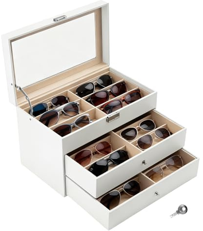 GREENSAPPIRE Brillenbox Eleganter Brillenkoffer aus Kunstleder mit Sichtfenster, Aufbewahrungsbox für Sonnenbrillen & Brillen,Schmuck&Accessoires (Weiß, 3 Stock, Einheitsgröße)