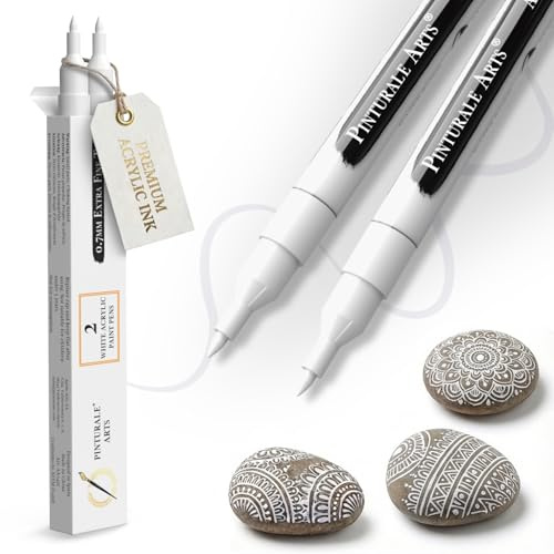 Pinturale Arts Vit märkpenna, fin spets, set med 2 vita akrylpennor, 0,7 mm fin spets, för svart papper, keramik, stenmålning, glas, trä, canvas, metall