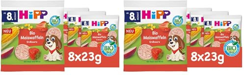 HiPP Bio Maiswaffeln Erdbeere (8 x 23 g), Babysnack ab 8. Monat, Süße nur aus Obst und Gemüse, glutenfrei, in bester Bio-Qualität (Packung mit 2)