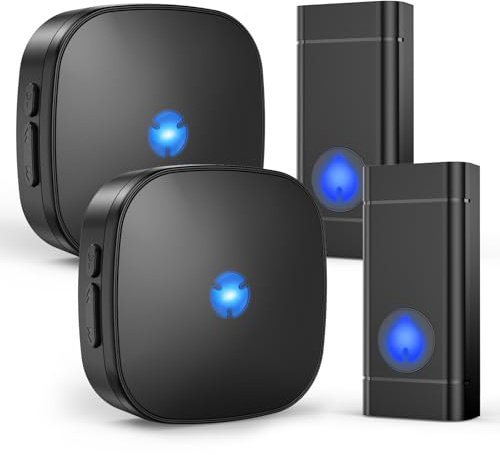Sonnette sans fil avec 2 récepteurs, installation facile, volume réglable, 58 carillons, LED colorées, portée de 300 m pour la maison, l'école, le bureau, noir