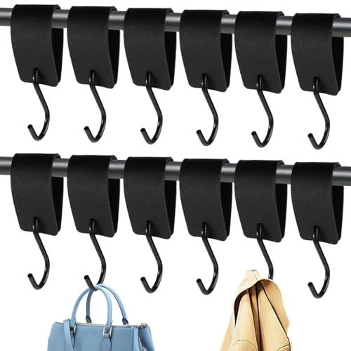 Rairsky 12 Stück S Haken Schwarz mit Lederschlaufe, 12.5 x 3cm | S Haken Mit Lederschlaufe Schwarz, für Garderobe, Kleiderstange Stange, Bad Schlafzimmer, zum Aufhängen ohne Bohren