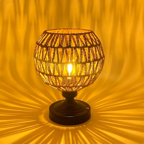 Boho Tischlampe Ohne Kabel Rattan Lampe Ohne Strom Batteriebetrieben Nachttischlampe Aufladbar Tischleuchte Kabellos Akku Stehlampe Retro Vintage USB Dimmbar Wetterfest Lampen FüR Tisch Nachttisch