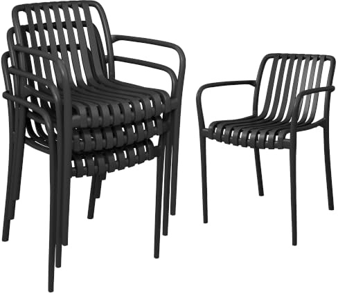 Outsunny Lot de 4 Chaises de Jardin Empilables en Polypropylène Anti-UV - Fauteuil de Terrasse avec Accoudoirs et Dossier à Lattes Ergonomique - Chaises de Salle à Manger Extérieures, Noir
