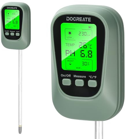 Heemol 4-in-1 Bodentester, pH Wert Rasen messen & Bodenfeuchtigkeitsmesser, Bodenthermometer für Sonne, Feuchtigkeit & Temperatur im Garten, auf dem Balkon und im Gewächshaus