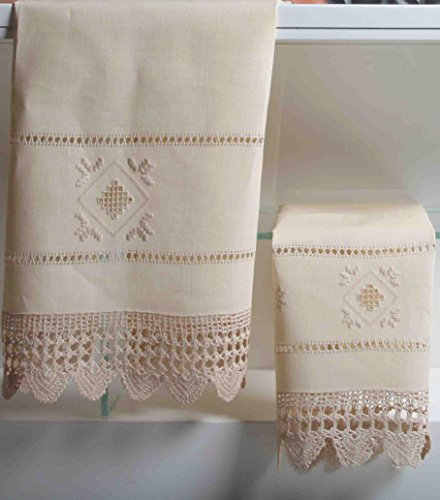 Zenoni & Colombi Lingette plus invité Point Antique Toscano Crochet en mélange de lin brodé à la main Fabriqué en Italie 70 x 110 + 40 x 70 cm Couleur Blanc