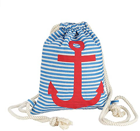tomBrook Sportbeutel Turnbeutel mit Streifen und Anker-Print - Strandbeutel Maritim Beutel mit Kordelzug Baumwolle