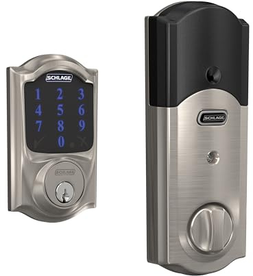 SCHLAGE BE469ZP CAM 619 Connect Smart Deadbolt with Alarm with Camelot Trim in Satin Nickel, Z-Wave Plus Enabled