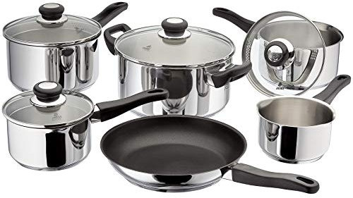 Judge Vista 6-Piece Set of Stainless Steel Pans, 16cm, 18cm & 20cm Draining Saucepans with Lids, 14cm Milk Pan, 24cm Casserole, 26cm Non-Stick Frying Pan