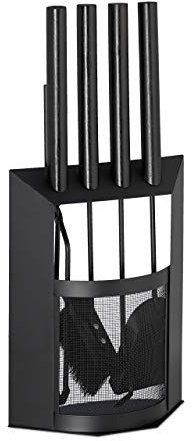 Relaxdays Accessori da Camino, Set da 5 con Paletta, Scopino, Attizzatoio, Pinza e Porta-Attrezzi, Manici in Legno, Nero