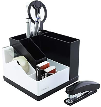 EXERZ Desk Organiser/Pen Holder/Desk Tidy/Rotating 360° with Stationery including: Adhesive Tape with dispenser, Scissors, Stapler, Staples, Pens, Ruler, Eraser (EX118 White/Black)