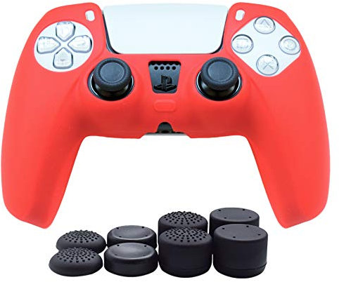 PS5 Controller Skin,Hikfly Silicone Cover for PS5 Grips PlayStation 5 Controller Cover Protector Sleeve Kits Video Games with FPS Pro Thumb Grips Caps(Red)