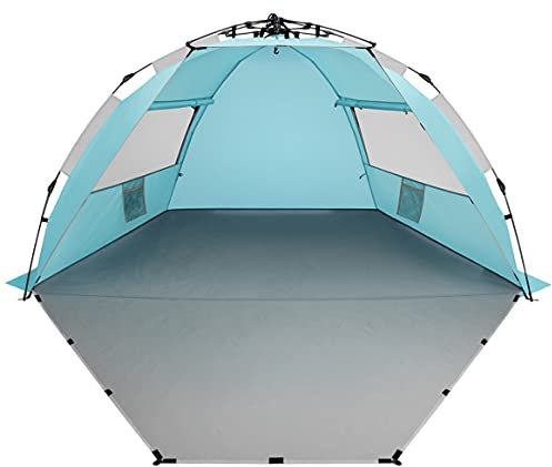 Oileus X-Large 4 Personen Strandzelt Sonnenschutz - Tragbarer Sonnenschutz Instant Zelt für Strand mit Tragetasche, Heringe, 6 Sandtaschen, Anti-UV für Angeln, Wandern, Camping, Wasserdicht Winddicht