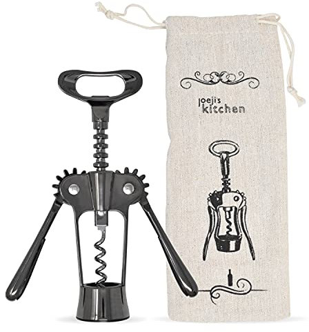 Joeji's Kitchen Sacacorchos profesional de diseño alado, sacacorchos vino color negro de aleación de zinc con bolsa de almacenamiento, abridor de vino multiuso
