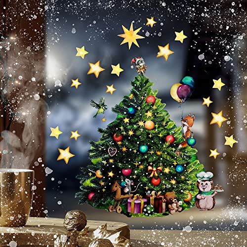 Fensterbild Weihnachtsdeko Weihnachten Weihnachtsbaum mit Tiere Fuchs Igel wiederverwendbar Winter Fensterdeko Fensterbilder Kinder Zimmer bf163 ilka parey wandtattoo-welt®