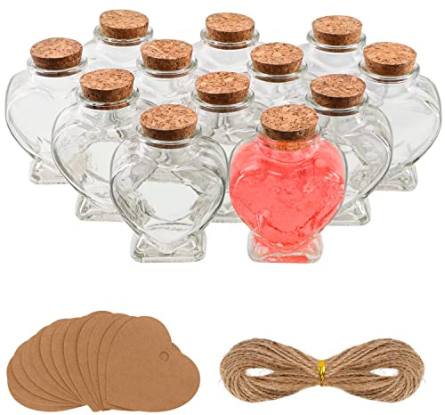 Belle Vous Pack de 12 Frascos de Vidrio Tapon Corcho 150 ml - Botella Cristal Pequeña en Forma de Corazón - Etiquetas en Forma de Corazón y Cuerda - Para Bodas, Decoraciones y Mensajes