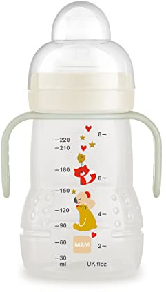 MAM Trainer+ Botella de aprendizaje nocturno (220 ml) con mango luminoso para la transición a la taza, taza para beber con chupete y boquilla antigoteo, 4 meses o más, koala