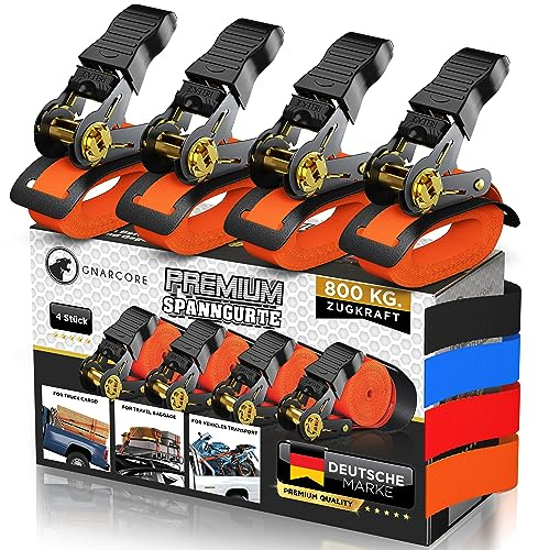 Gnarcore® [4 m/6 m] Correas tensoras premium con carraca, 800 kg de fuerza de tracción, incluye instrucciones (idioma español no garantizado), bolsa de transporte, protección de bordes y cintas de