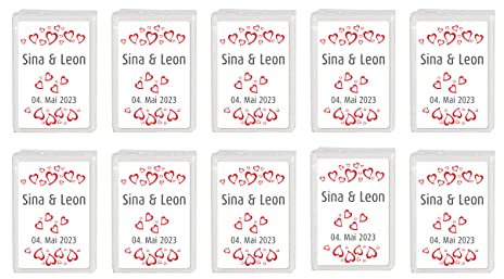 Herz & Heim® Taschentücher 10 x 10 in personalisierter Packung zur Hochzeit, verschiedene Motive Rote Herzen