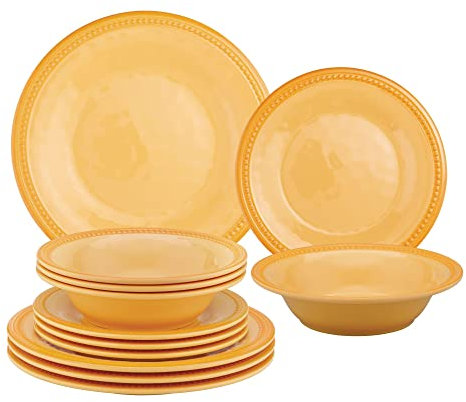 UPware 12 Piece Beaded Melamine Dinnerware Sets, Outdoor Dishes Set, Plates and Bowls Sets, Service for 4, Yellow