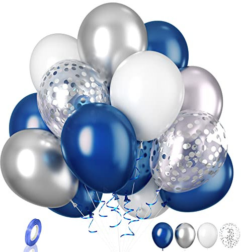 Biapian Navy Blue Silver Balloon, 20 Pcs Blue and Silver Balloons, 12 Inch Pearl Blue Silver White Latex Balloon Silver Confetti Balloons for Birthday Baby Shower Graduation Wedding Party Decoration