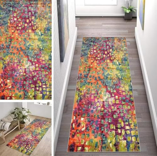 ZUZEKU Abstrakte Rosa Läufer Flur Küche Waschbar rutschfest 40X60cm Vintage Bunt Lang Küchenteppich Flurteppich Teppich Fur Korridor Wohnzimmer Schlafzimmer Meterware Anpassbar