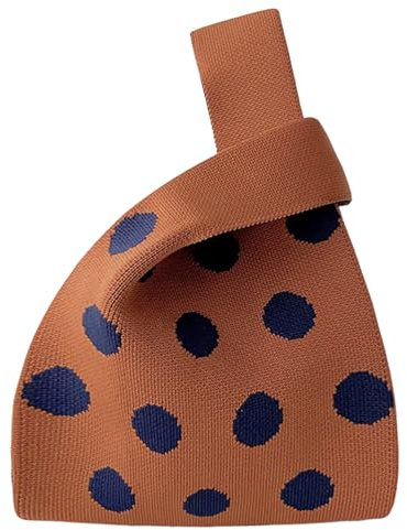 ANIMQUE Donne Borse a Mano Lavorato a Maglia Nodo a Manica Borsa Sacchetti da Regalo Piccoli Carini Portatile Borse Tote Borse a Spalla con Motivo a Pois, Marrone Blu Navy