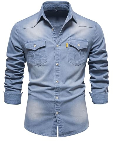 Btmpmcs Hommes Manches Longues Chemise Casual Chemise Boutonnée élégante à Coupe Ajustée Henley Shirts de Plage Chemise en Denim Slim Fit avec Poche