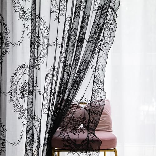 Lavyhuno Tende velate in pizzo nero, 2 pannelli, lunghe 183 cm, per cucina, cameretta dei bambini, ricami floreali con rose, stile shabby chic, tende per finestre, decorazione vintage di Halloween,