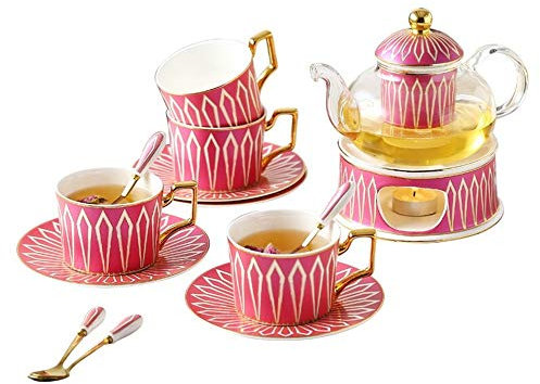 OQHAIR Simple European Tea Set With Candle Warmer Glass Teapot Blooming Loose Leaf Tea Kettles For 4 Persons Home Use Wedding Gift Tea Service (Color : Pink Size : 14pcs)
