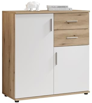 Kommode BC 1040 in weiß matt, Absetzung Eiche Rustikal Optik - Moderne Kommode mit viel Stauraum - 80 x 84 x 35 cm (B/H/T)